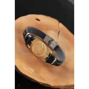 Gold Renk Sonsuzluklu Metal Aksesuarlı Siyah Renk Deri Erkek Bileklik