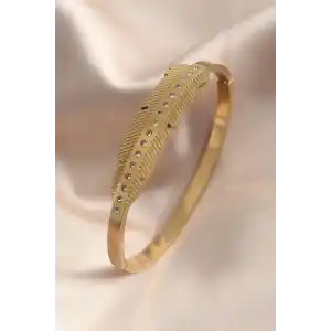 Gold Renk Yaprak Model Zirkon Taş Detay Kelepçe Kadın Bileklik