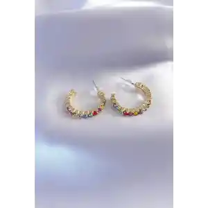Gold Renk Yarım Halka Model Renkli Kristal Taşlı Kadın Küpe