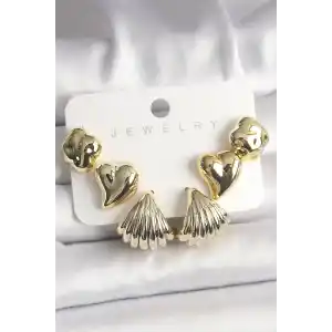 Gold Renk Yonca Kalp Deniz Kabuğu Figür CCB Kadın Küpe Seti