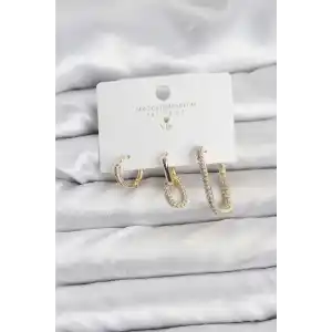 Gold Renk Zirkon Taşlı 3lü Kadın Küpe Seti