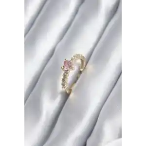 Gold Renk Zirkon Taşlı Pembe Kristal Kalp Model Kadın Yüzük