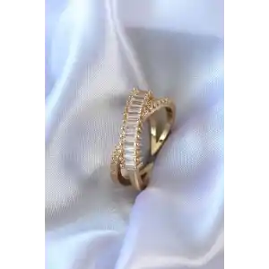 Gold Renk Zirkon Taşlı Pirinç Kadın Yüzük