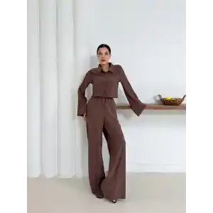 Gömlek yaka kaplama düğmeli takım kahve st265866