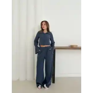 Gömlek yaka kaplama düğmeli takım lacivert st265866