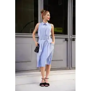 Gömlek yaka kemerli elbise mavi s255061