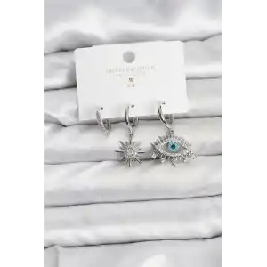 Göz Model Gümüş Renk Pirinç 3lü Kadın Küpe Seti
