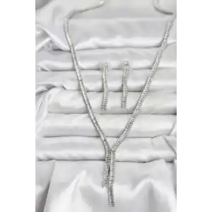 Gümüş Renk Baget Zirkon Taşlı Kadın Kolye Küpe Set