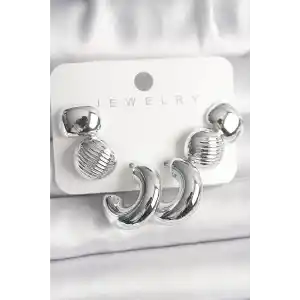 Gümüş Renk İşlemeli Daire Halka Model CCB Platik Kadın Küpe Seti