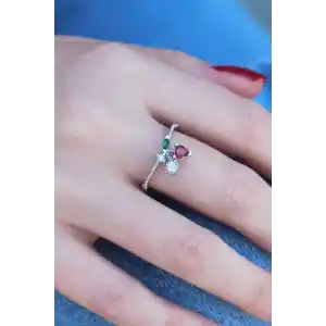 Gümüş Renk Kiraz Model Zirkon Taşlı Kadın Yüzük