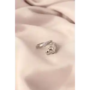 Gümüş Renk Metal Zirkon Taşlı Kaplan Model Ayarlanabilir Kadın Yüzük