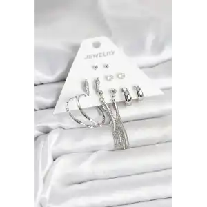 Gümüş Renk Pirinç 6 Çiftli Kadın Küpe Seti