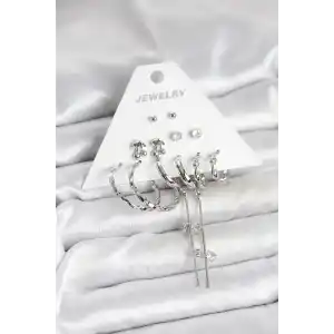 Gümüş Renk Pirinç 6lı Kadın Küpe Seti