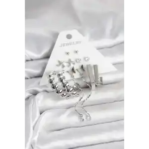 Gümüş Renk Pirinç 6lı Kadın Küpe Seti