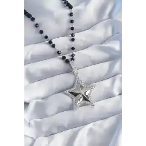 Gümüş Renk Siyah Boncuk Zirkon Taşlı Pirinç Yıldız Model VİP Seri Kadın Kolye