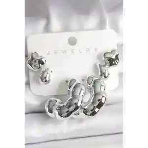 Gümüş Renk Yonca Damla Halka Model CCB Plastik Kadın Küpe Seti