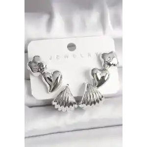 Gümüş Renk Yonca Kalp Deniz Kabuğu Figür CCB Kadın Küpe Seti