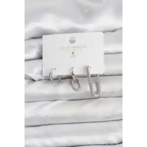 Gümüş Renk Zirkon Taşlı 3lü Kadın Küpe Seti