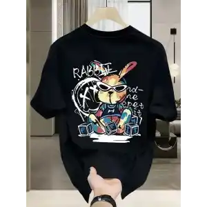 Güneş Gözlüğü Grafikli Karikatür Tavşan Oversize Kısa Kollu Tişört Çift Tişört, İlkbahar Ve Yaz- Siyah