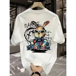 Güneş Gözlüğü Grafikli Karikatür Tavşan Oversize Kısa Kollu Tişört Çift Tişört, İlkbahar Ve Yaz - Beyaz