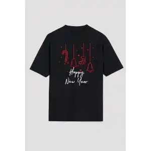 Happy New Year Baskılı T-shirt - Siyah
