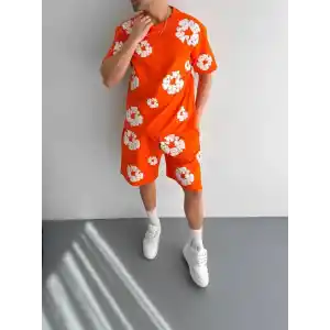 İki İplik Kumaş Baskılı T-shirt Şortlu Takım- Turuncu