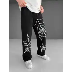 İki İplik Kumaş Örümcek Baskılı Esofman - Siyah