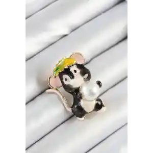 İnci Detaylı Siyah Ve Pembe 3D Sevimli Fare Figürlü Gold Renk Kadın Broş