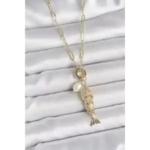 İnci Detaylı Zirkon Taşlı Balık Figürlü Gold Renk Pirinç Kolye