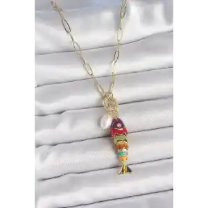 İnci Detaylı Zirkon Taşlı Rainbow Balık Figürlü Gold Renk Pirinç Kolye