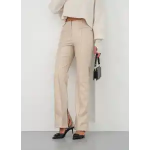 İspanyol yırtmaçlı paça deri pantolon bej hn