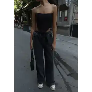 Kadın Arkadan Yırtmaçlı Jeans Kot Palazzo Pantolon - Siyah