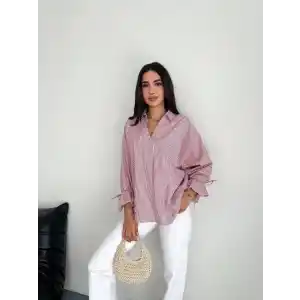 Kadın Arkası Asimetrik Yırtmaç Kesim Detaylı Cizgili Bluz Gömlek - Bordo