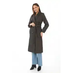 Kadın Balık Sırtı Yünlü Dokuma Kaşe Kaban – Kruvaze Yaka, Kuşaklı, Cepli, Astarlı Uzun Boy Tesettür Şık Kışlık Kaşe Kaban Modeli - Kahverengi