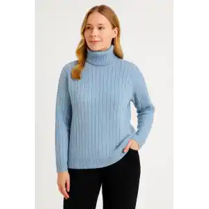 Kadın Balıkcı Yaka Bağazlı Triko Kazak Pamuklu Kalın Fitilli Dokuma - Bebek Mavisi