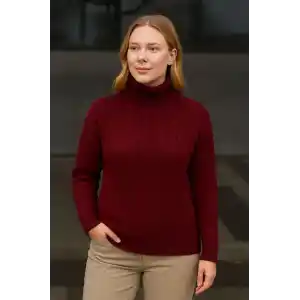Kadın Balıkcı Yaka Bağazlı Triko Kazak Pamuklu Kalın Fitilli Dokuma - Bordo
