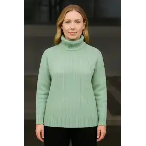Kadın Balıkcı Yaka Bağazlı Triko Kazak Pamuklu Kalın Fitilli Dokuma - Mint Yeşili