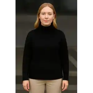 Kadın Balıkcı Yaka Bağazlı Triko Kazak Pamuklu Kalın Fitilli Dokuma - Siyah