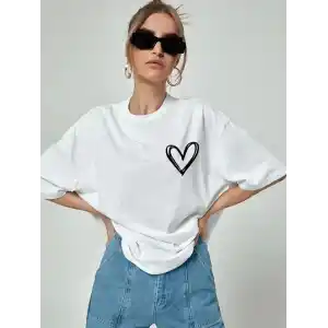 Kadın Bisiklet Yaka Baskılı Oversize T-Shirt - Beyaz