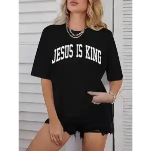 Kadın Bisiklet Yaka Kısa Kol Baskılı T-shirt - Siyah