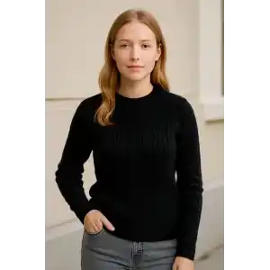 Kadın Bisiklet Yuvarlak Yaka Triko Kazak Pamuklu Kalın Fitilli Dokuma, Regular Fit Uzun Kollu Kışlık Model - Siyah