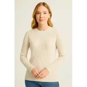 Kadın Bisiklet Yuvarlak Yaka Triko Kazak Pamuklu Kalın Fitilli Dokuma, Regular Fit Uzun Kollu Kışlık Model - Bej