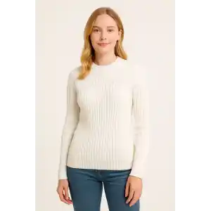 Kadın Bisiklet Yuvarlak Yaka Triko Kazak Pamuklu Kalın Fitilli Dokuma, Regular Fit Uzun Kollu Kışlık Model - Beyaz