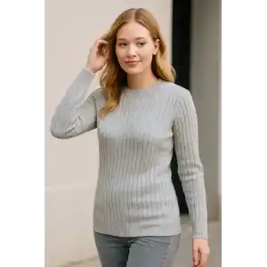 Kadın Bisiklet Yuvarlak Yaka Triko Kazak Pamuklu Kalın Fitilli Dokuma, Regular Fit Uzun Kollu Kışlık Model - Gri