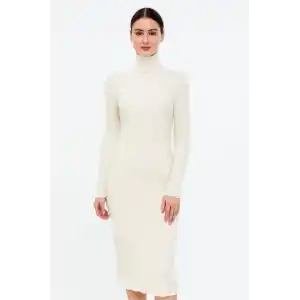 Kadın Boğazlı Triko Elbise – Uzun Fitilli Esnek Dokuma, Tam Kalıp, Kışlık & Baharlık Şık Rahat Stil, 130 cm Midi Boy Elbise - Beyaz
