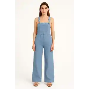 Kadın Chambray Açık Mavi Denim Görünümlü Geniş Paça Salopet Tulum - Mavi