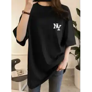 Kadın Eğlenceli Harf NY Baskılı Bisiklet Yaka Tişört - Rahat Polyester, Makinede Yıkanabilir - Yaz ve Fitness için Mükemmel, Yuvarlak Yaka - Siyah