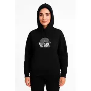 Kadın Kapşonlu Sweatshirt – Oversize Üç İplik Şardonlu Hoodie, “West Coast Classics” Ön & Arka Baskılı, Kanguru Cepli Kışlık Günlük Stil - Siyah