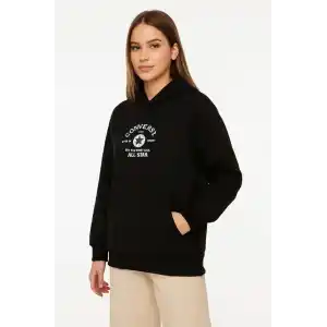 Kadın Kapşonlu Sweatshirt – Üç İplik Şardonlu Kumaş, Oversize Fit, Ön & Arka Baskılı, Kanguru Cepli, Kışlık Rahat Hoodie- Siyah