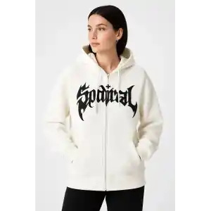 Kadın Kapüşonlu 3 İplik Şardonlu Önü Baskılı Fermuarlı Oversize Sweatshirt - Beyaz